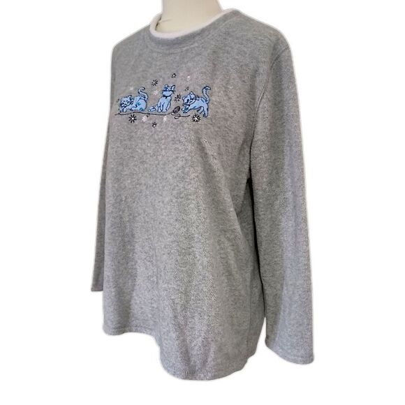 Vintage 80s Cat Lady Fleece Top M Sweatshirt Pullover Granny Kittens Playing 90s - Picture 6 of 16
